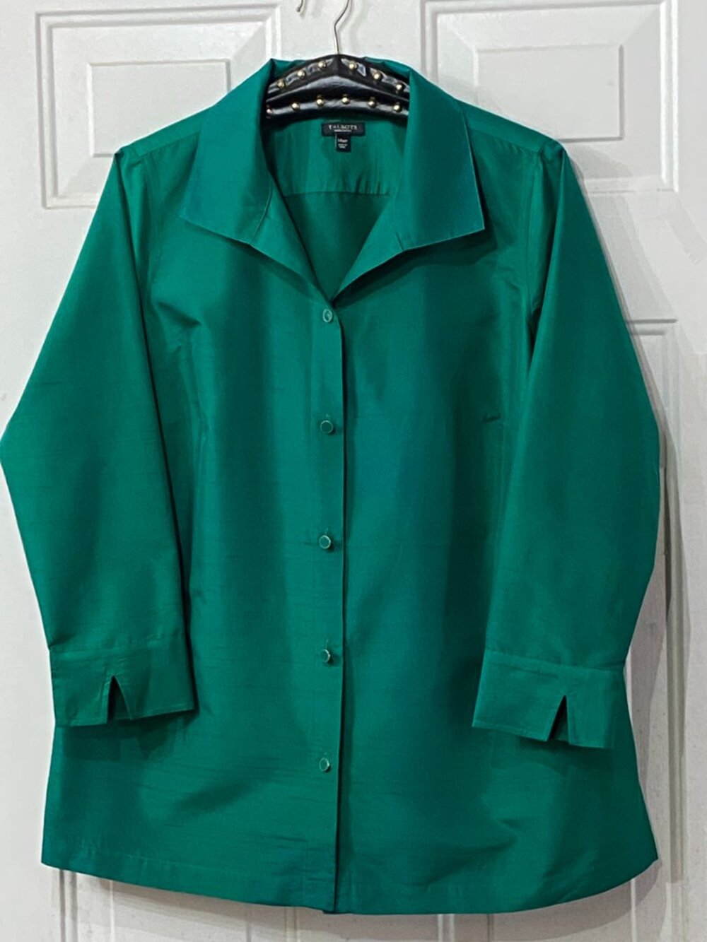 Talbots Sz 14WP Silk Emerald Green Blouse Button Up Shirt Long Sleeve